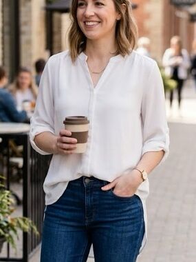Mandy Evans White High-Low Roll-Tab Sleeve Blouse - Size Small